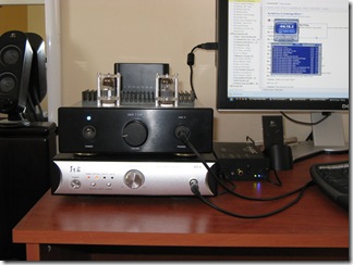 The entire setup: G&W T-2.6F with Mullard E88CC tubes on top of the upgraded Zhaolu D2.5 amp, next to a Musical Fidelity V-DAC